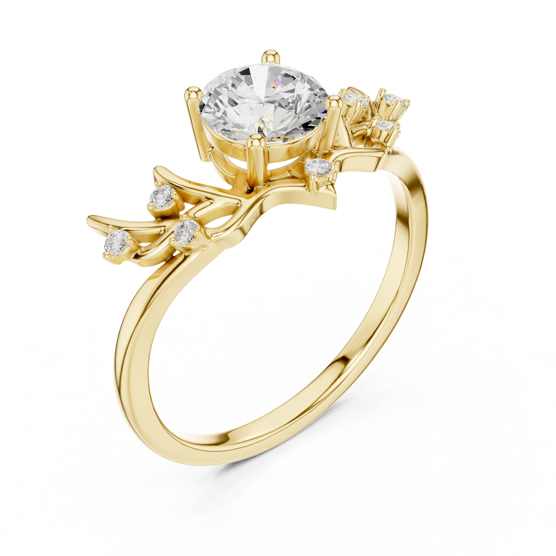 Round Diamond Branch Inspired Side Stone Ring
