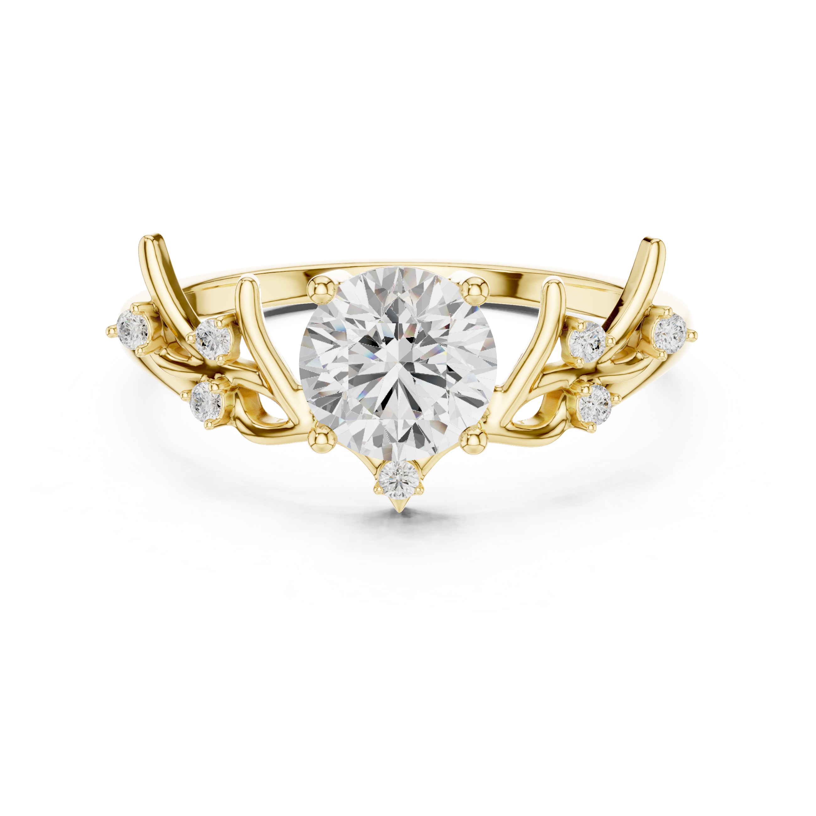 Round Diamond Branch Inspired Side Stone Ring