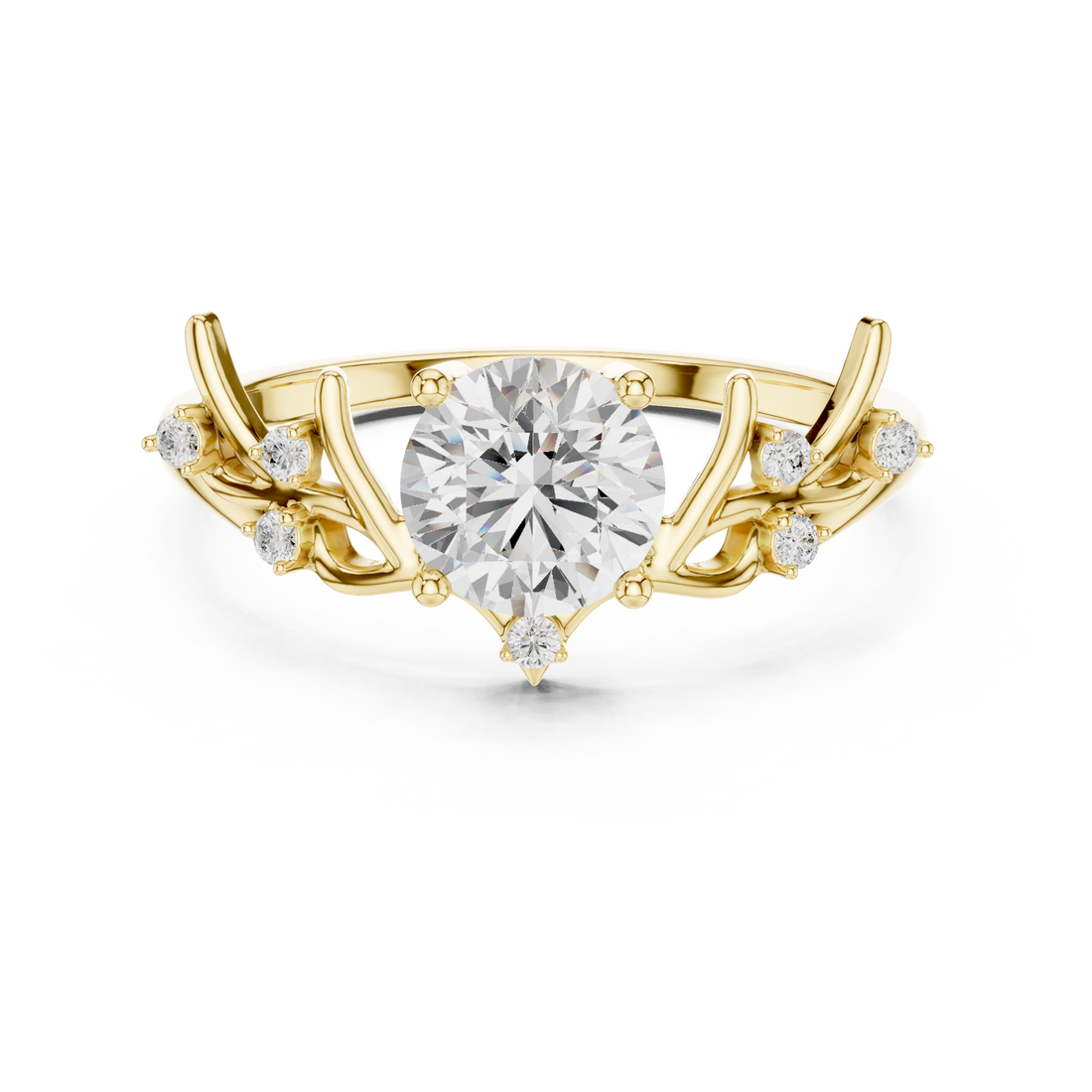 Round Diamond Branch Inspired Side Stone Ring