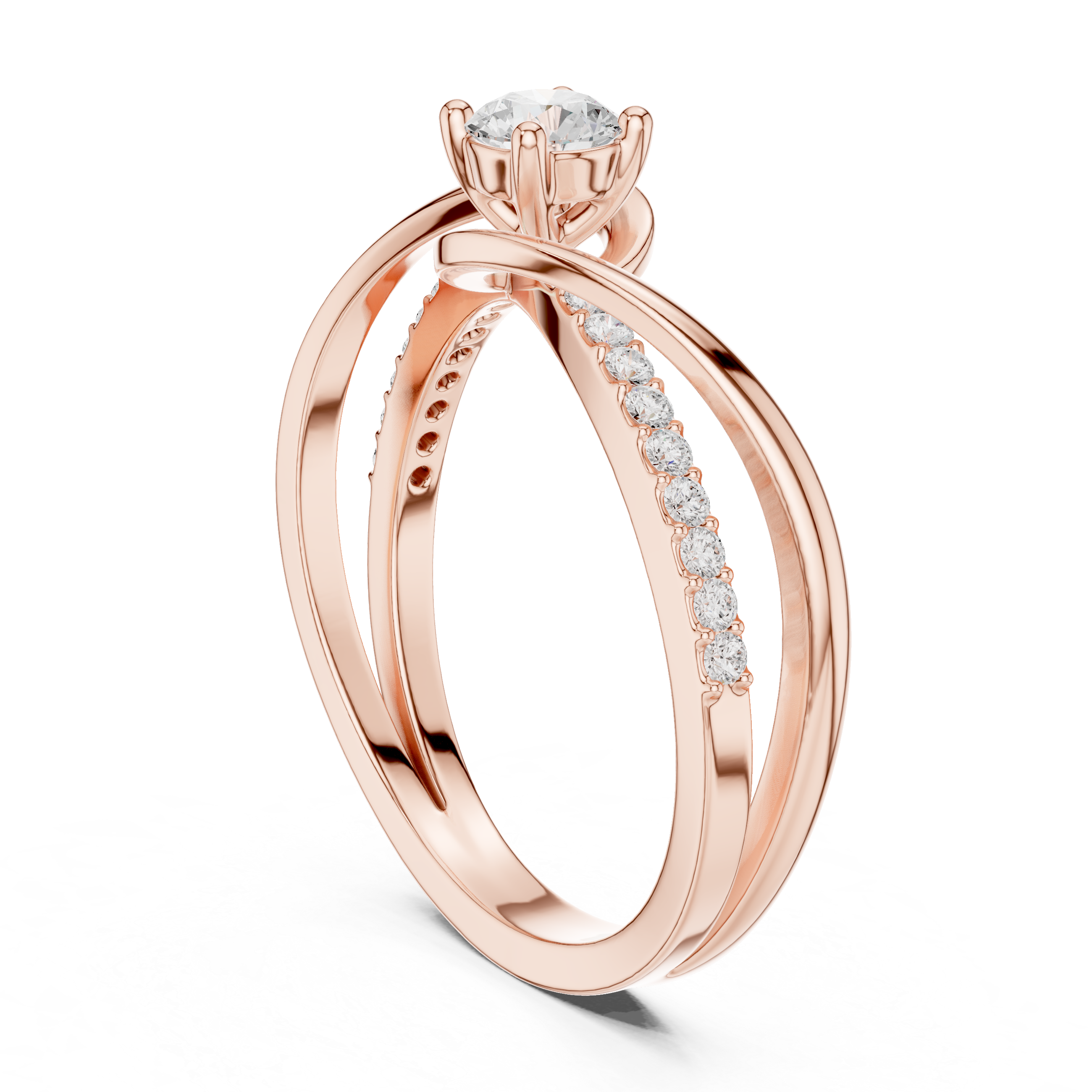 Rose gold ring with diamond accents on a white background