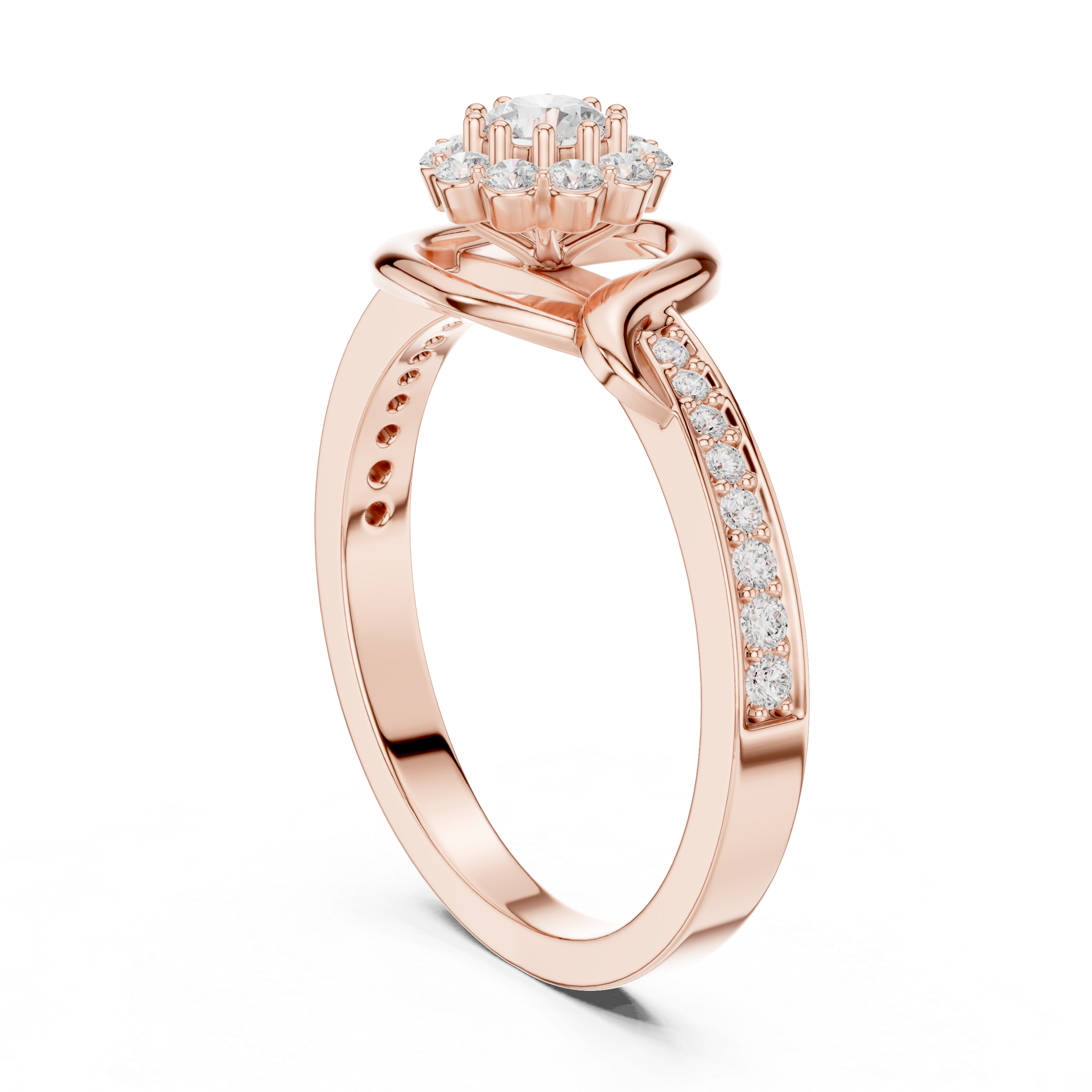Round Cut Diamond Halo Twist Swirl Engagement Ring