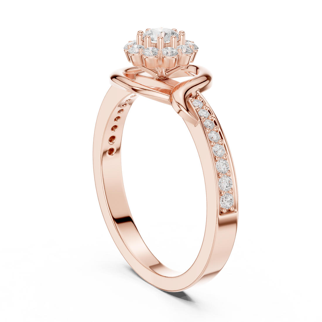 Round Cut Diamond Halo Twist Swirl Engagement Ring