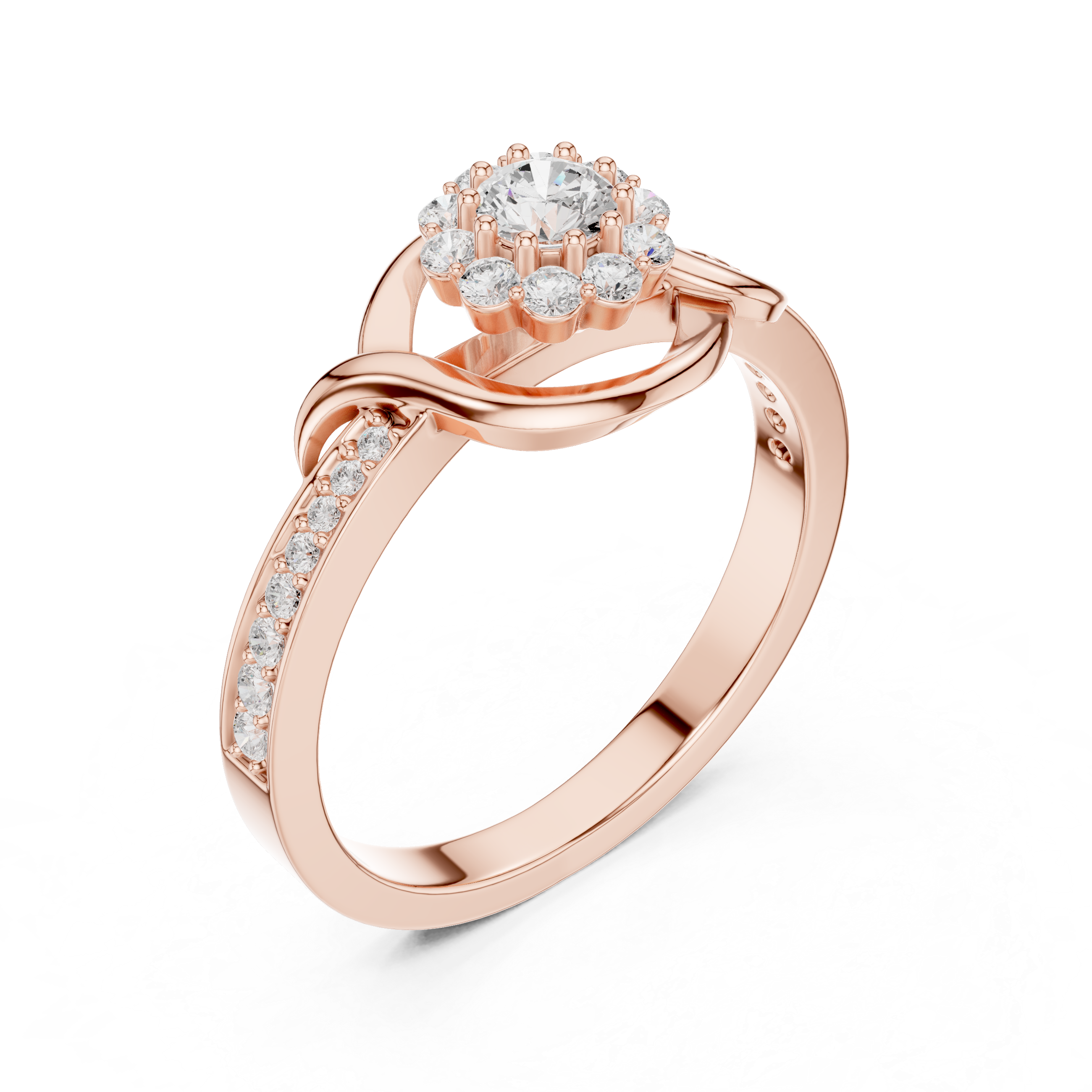 Round Cut Diamond Halo Twist Swirl Engagement Ring