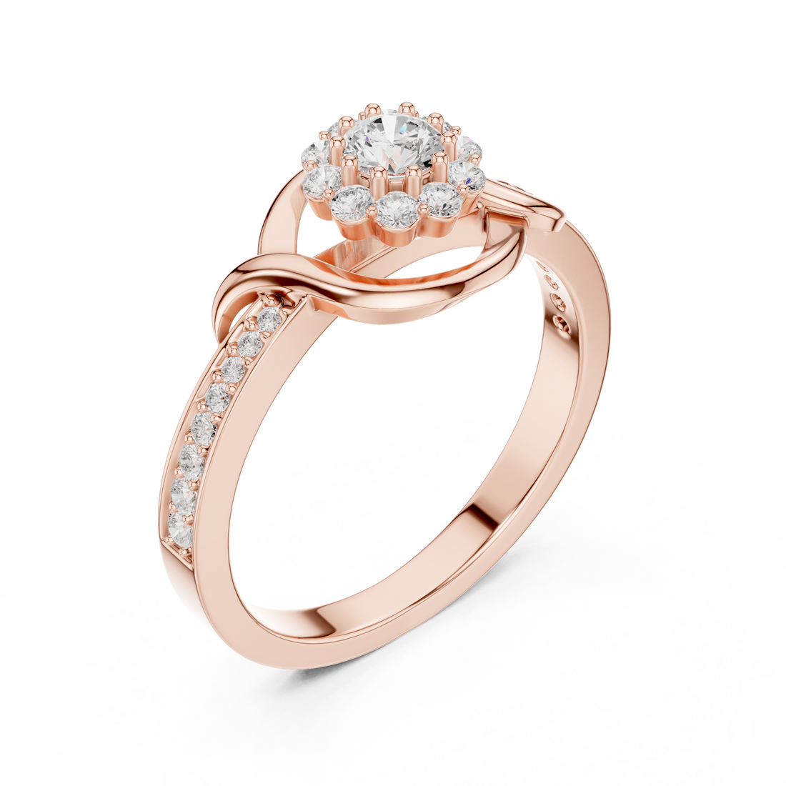 Round Cut Diamond Halo Twist Swirl Engagement Ring