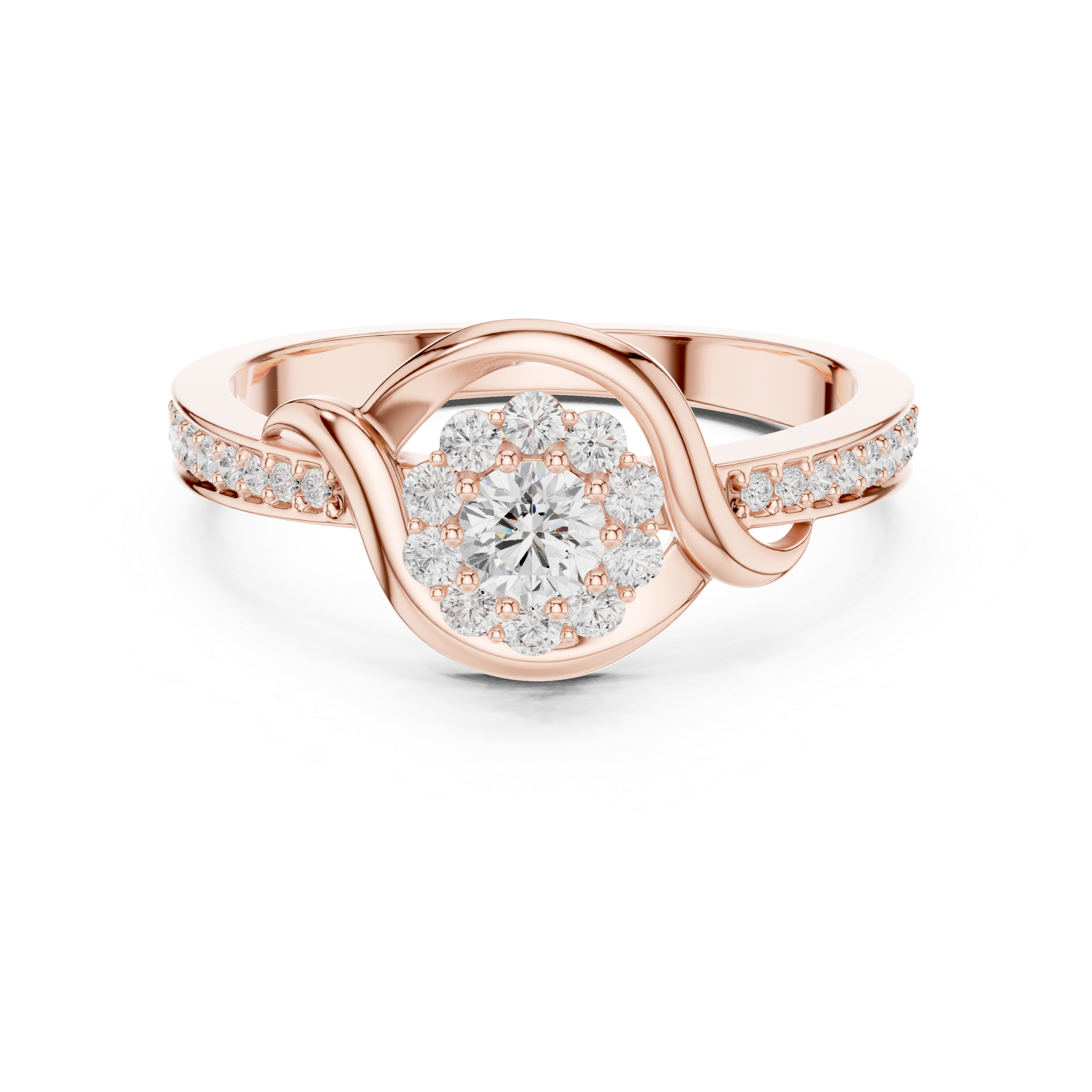 Round Cut Diamond Halo Twist Swirl Engagement Ring