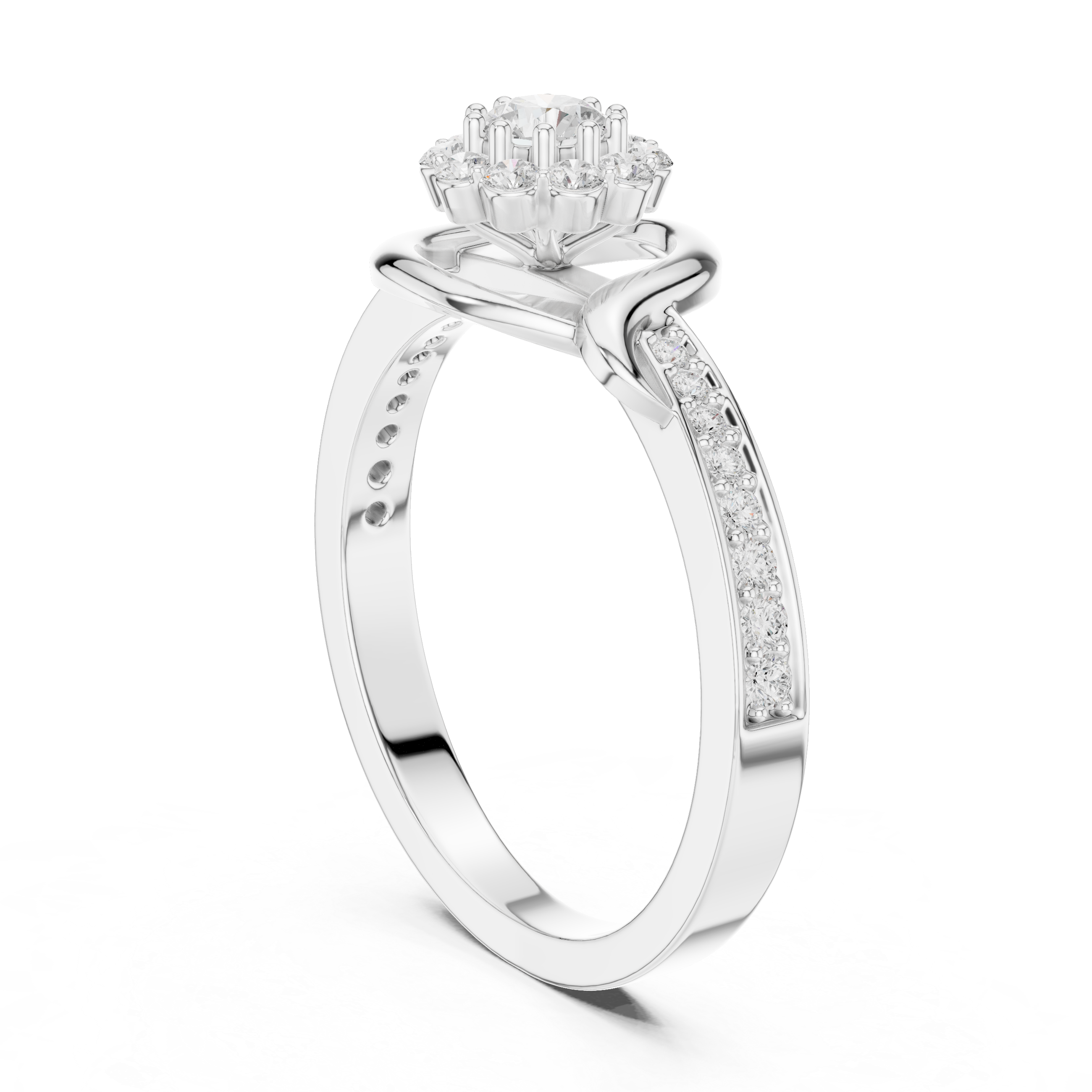Round Cut Diamond Halo Twist Swirl Engagement Ring