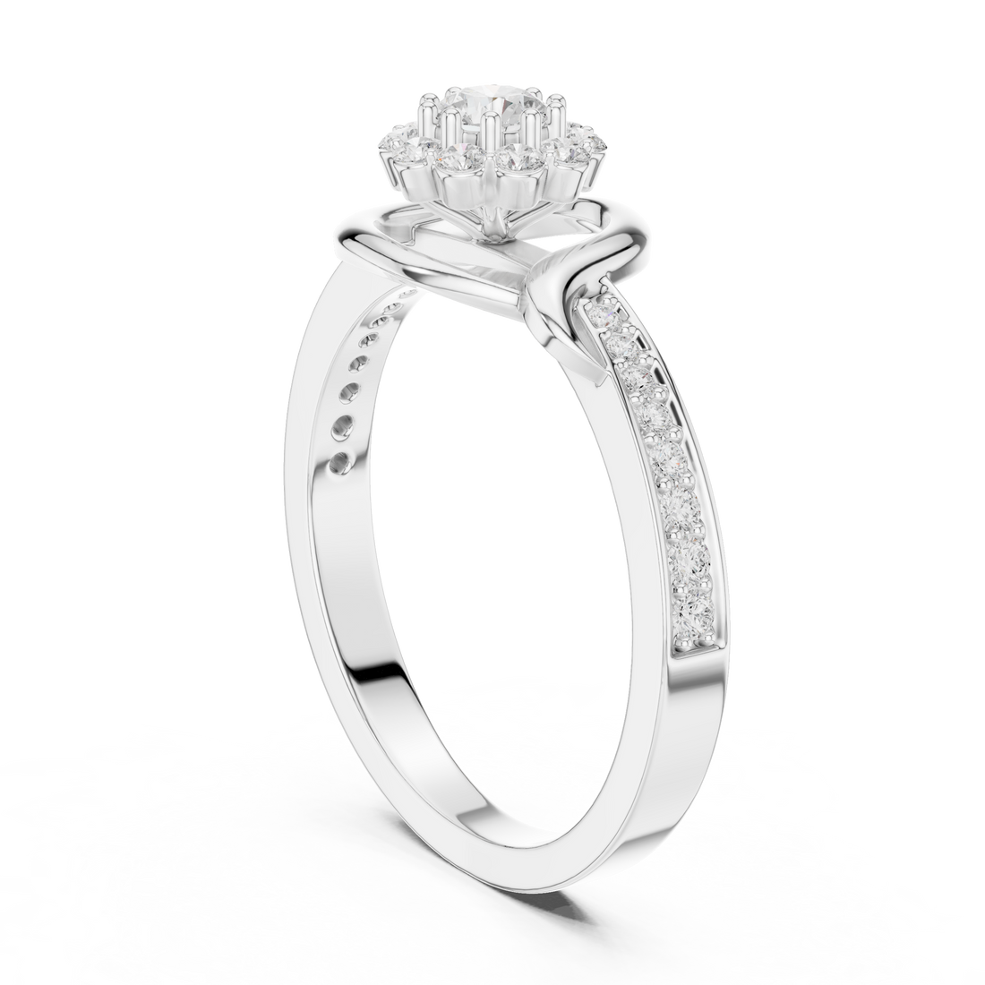 Round Cut Diamond Halo Twist Swirl Engagement Ring