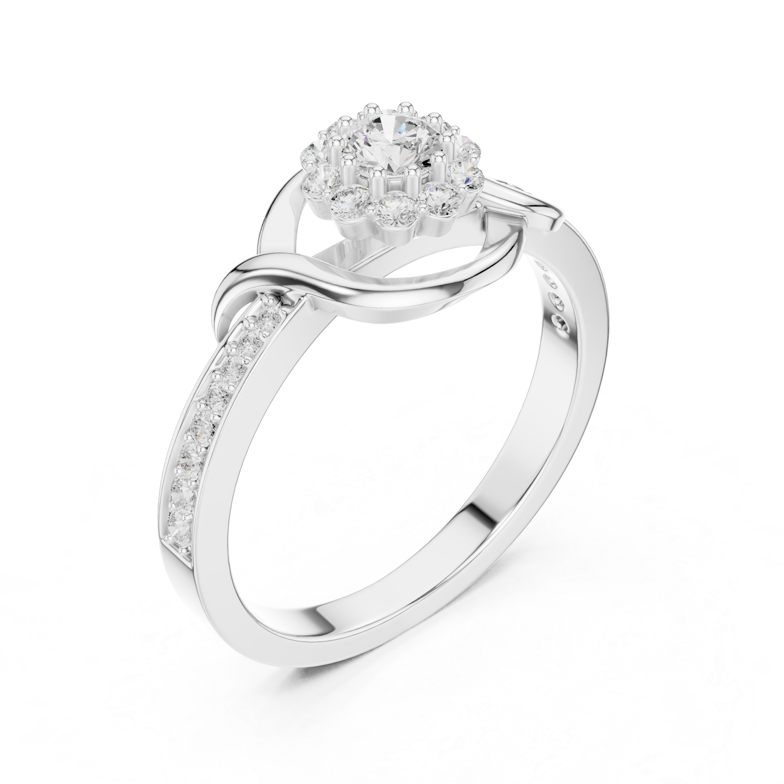Round Cut Diamond Halo Twist Swirl Engagement Ring