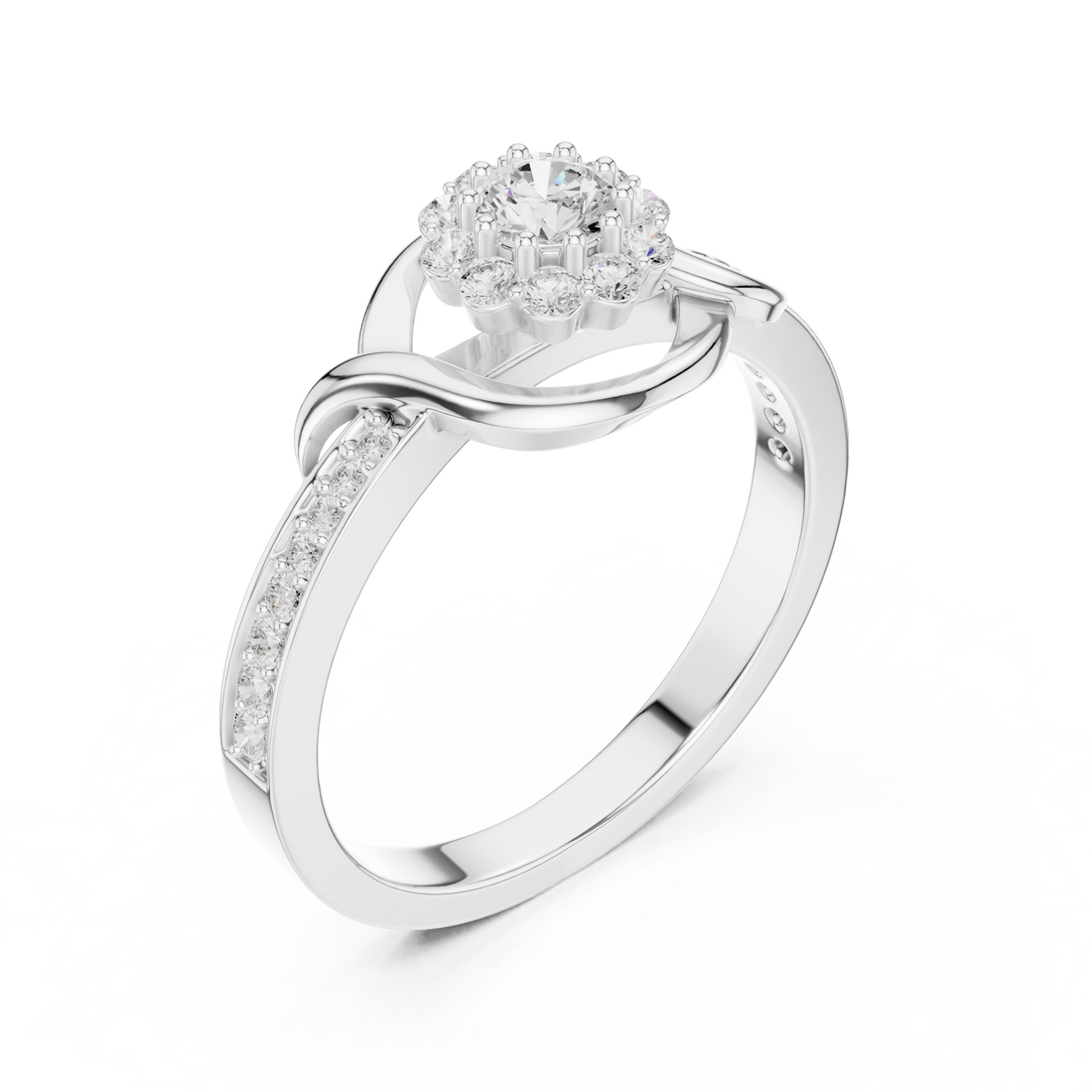 Round Cut Diamond Halo Twist Swirl Engagement Ring
