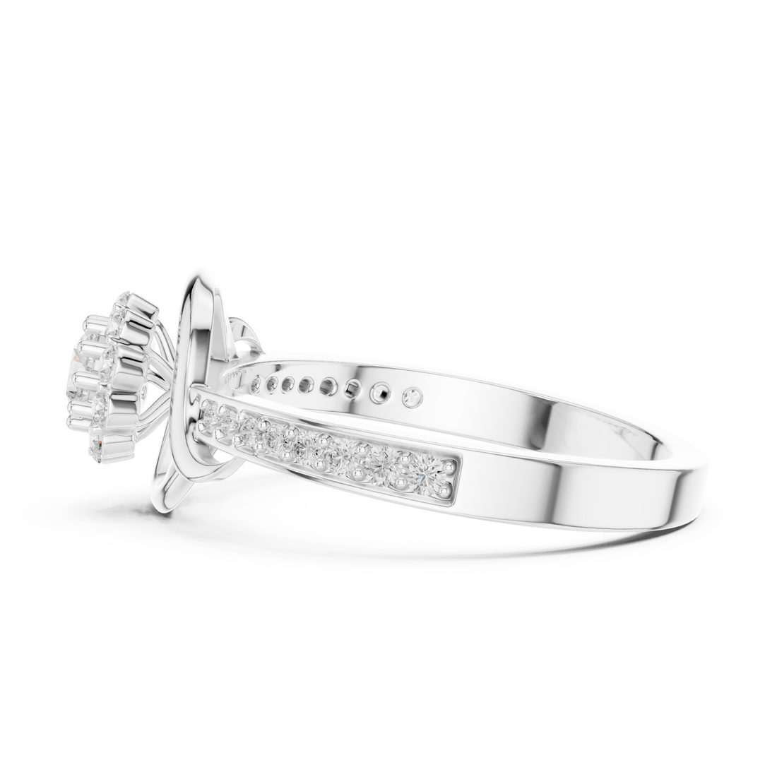 Round Cut Diamond Halo Twist Swirl Engagement Ring