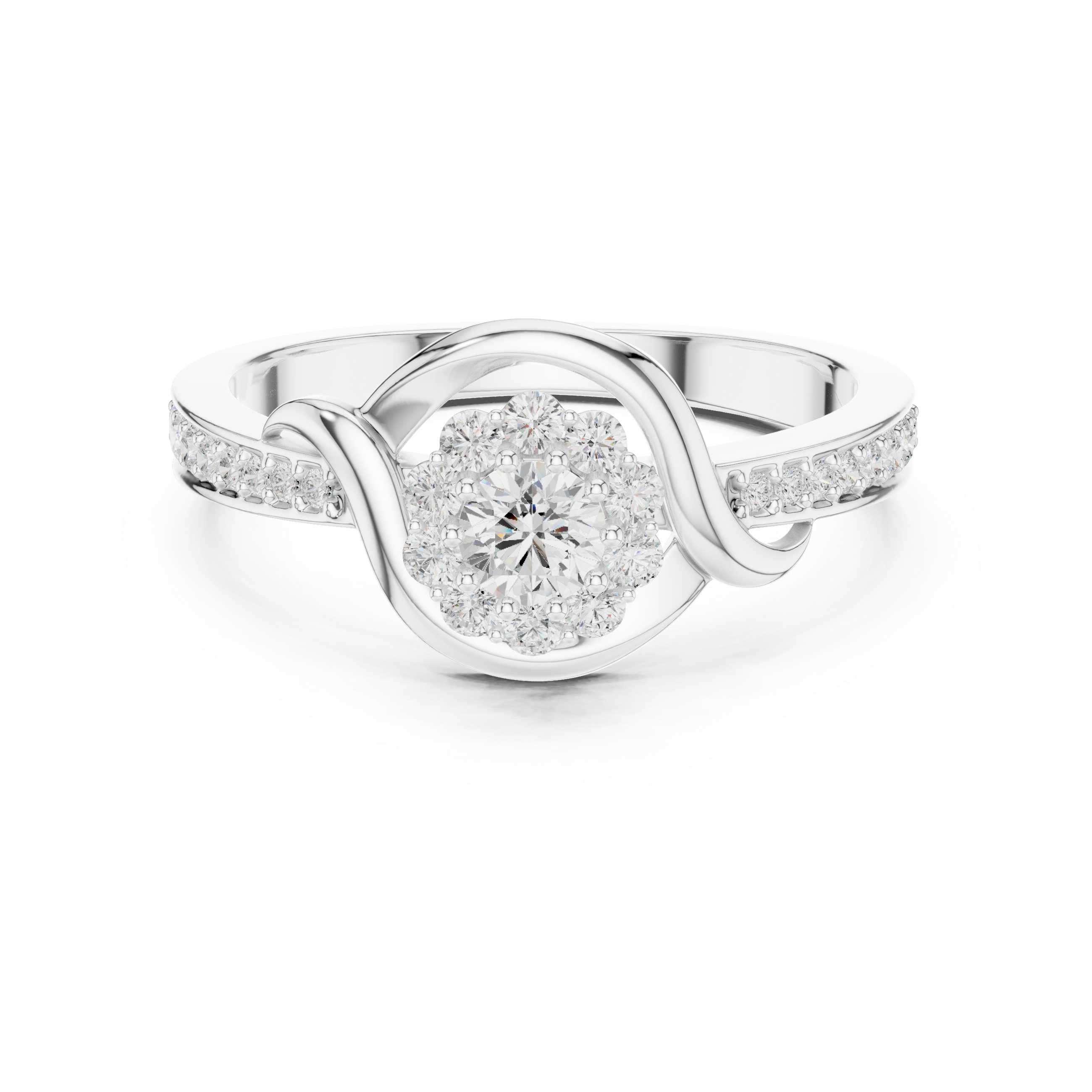 Round Cut Diamond Halo Twist Swirl Engagement Ring