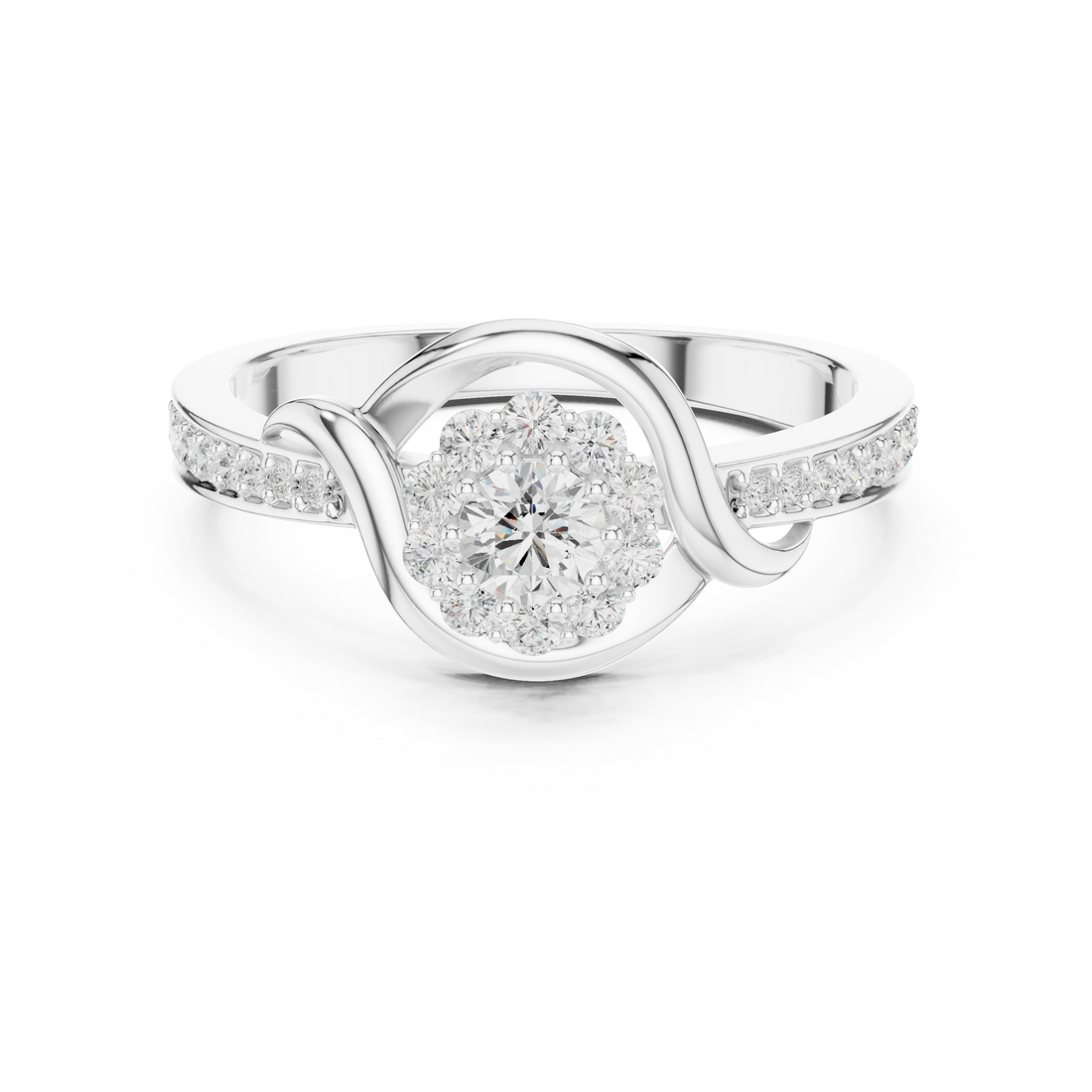 Round Cut Diamond Halo Twist Swirl Engagement Ring