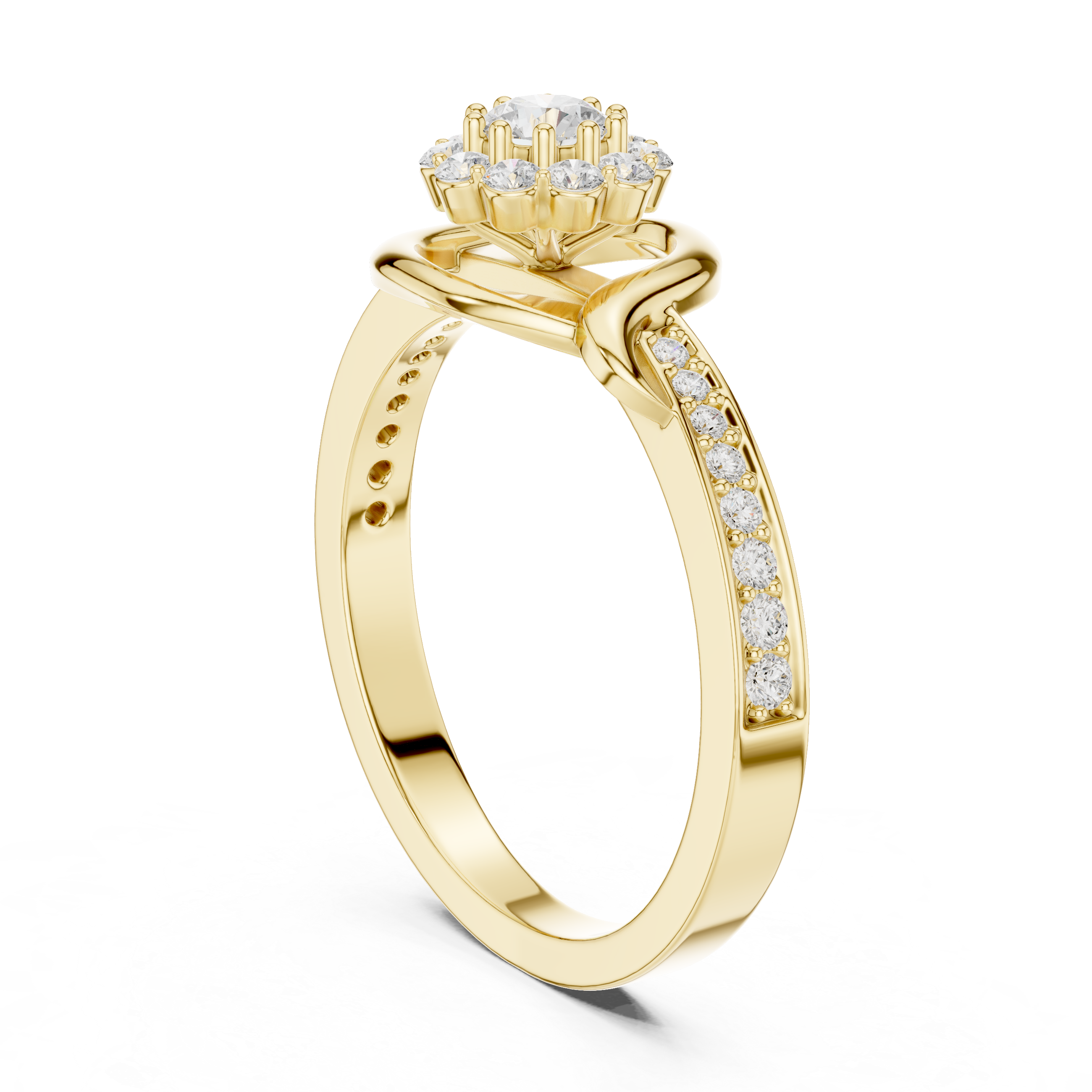 Round Cut Diamond Halo Twist Swirl Engagement Ring