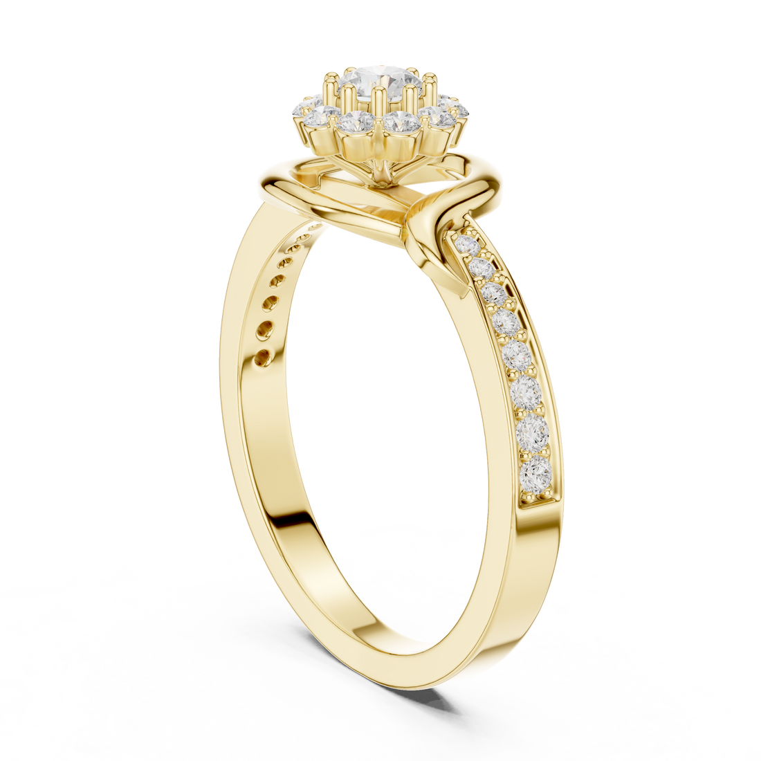 Round Cut Diamond Halo Twist Swirl Engagement Ring