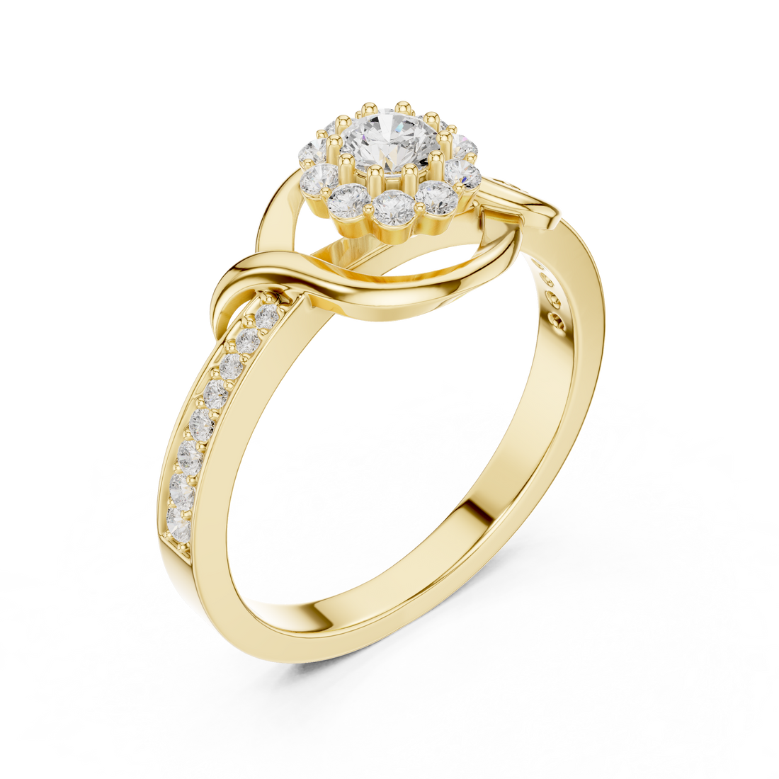 Round Cut Diamond Halo Twist Swirl Engagement Ring