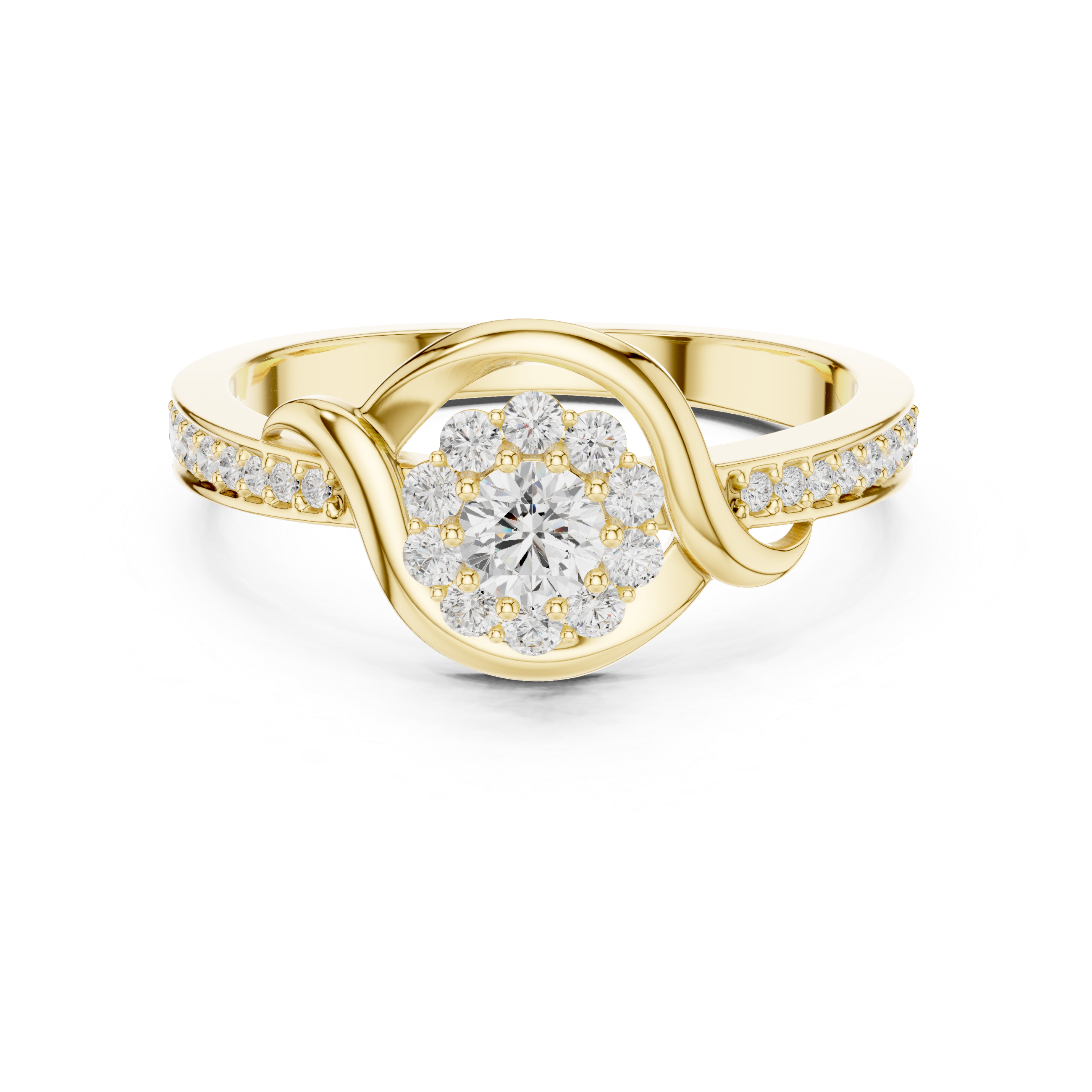 Round Cut Diamond Halo Twist Swirl Engagement Ring