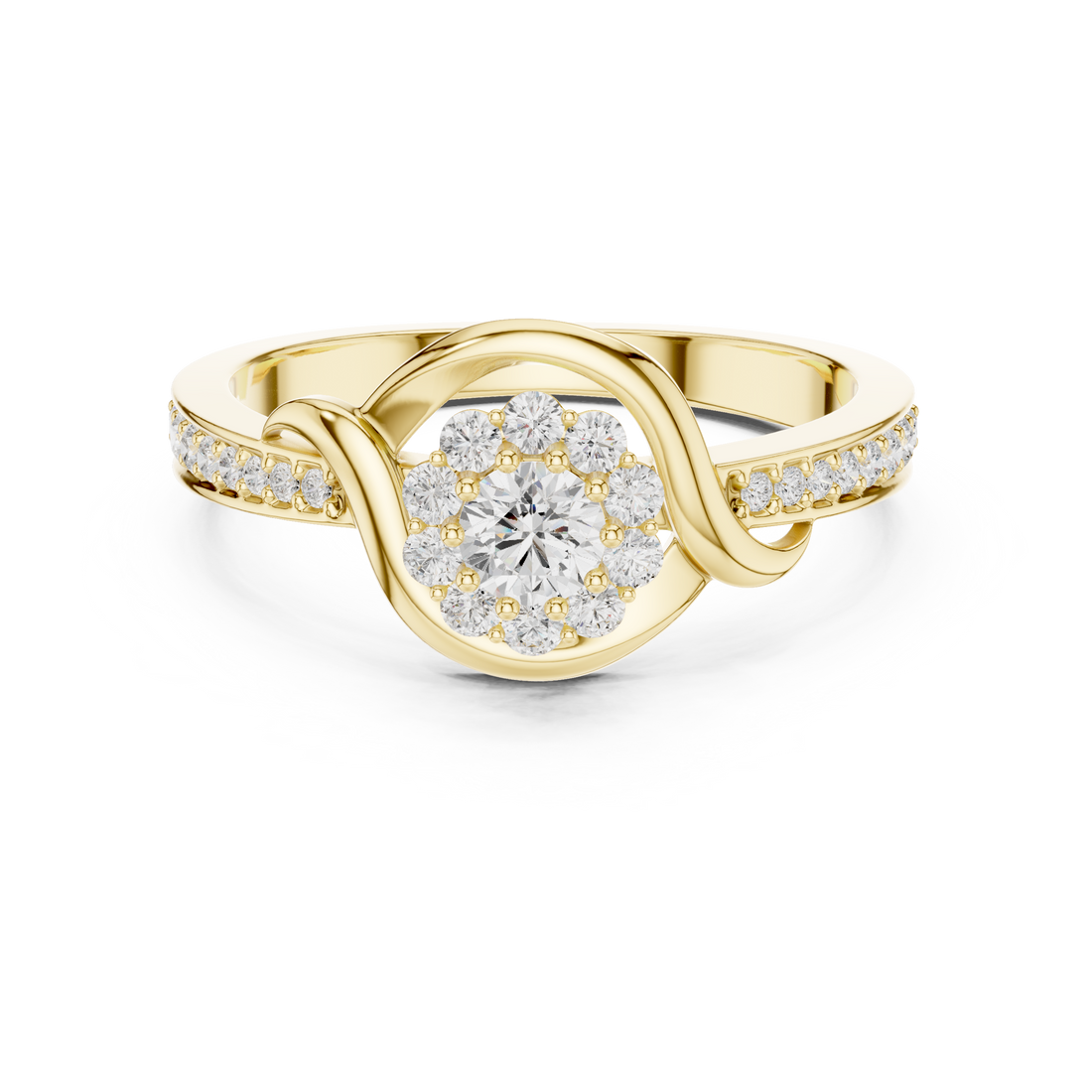 Round Cut Diamond Halo Twist Swirl Engagement Ring
