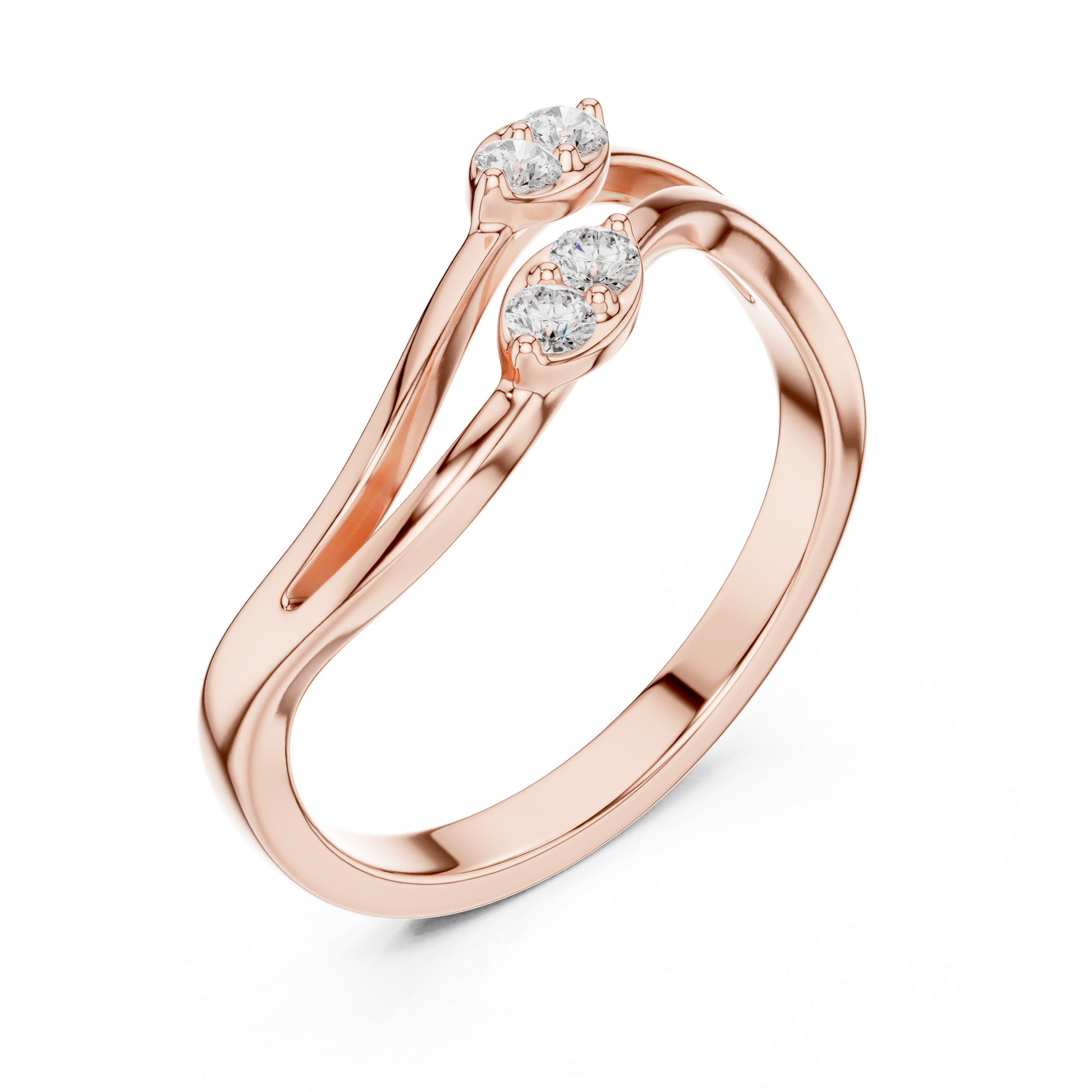 Twisted Bypass Round Cut Diamond Open Ring with Dual Cluster Accents