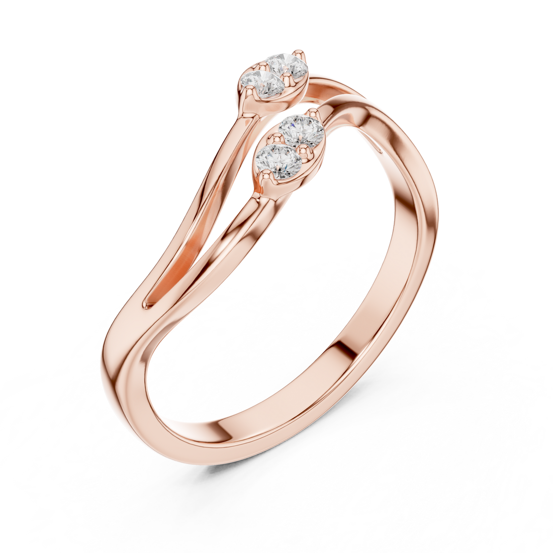 Twisted Bypass Round Cut Diamond Open Ring with Dual Cluster Accents