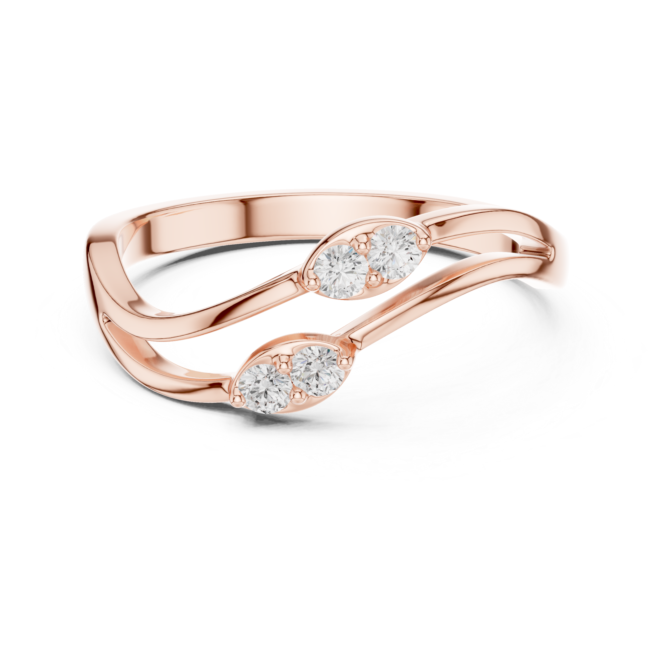 Twisted Bypass Round Cut Diamond Open Ring with Dual Cluster Accents