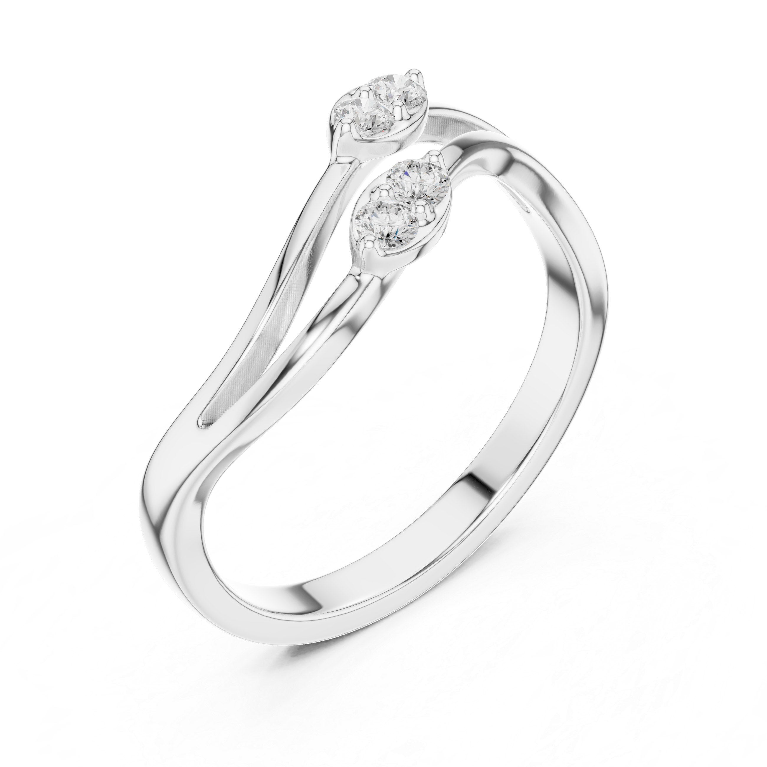 Twisted Bypass Round Cut Diamond Open Ring with Dual Cluster Accents