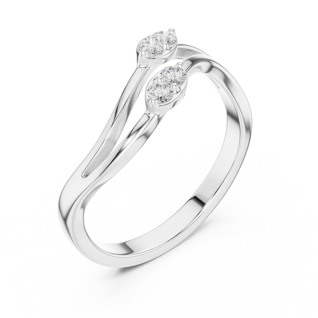 Twisted Bypass Round Cut Diamond Open Ring with Dual Cluster Accents