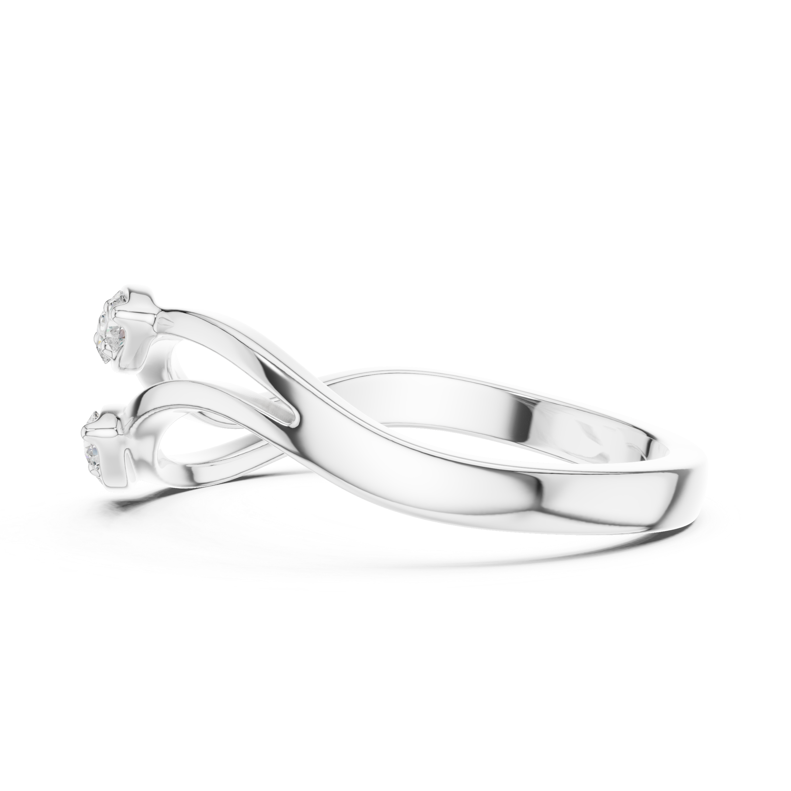 Twisted Bypass Round Cut Diamond Open Ring with Dual Cluster Accents