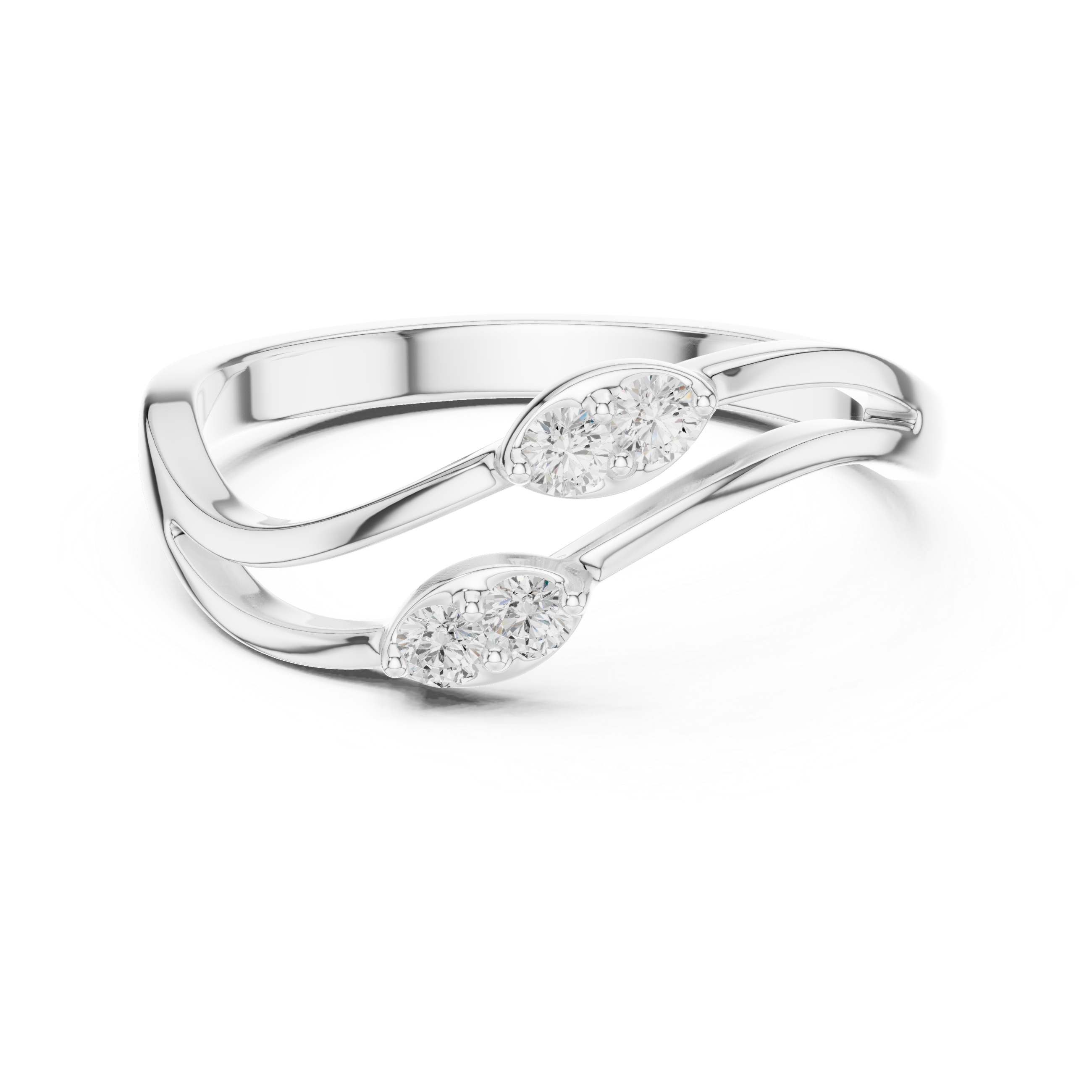 Twisted Bypass Round Cut Diamond Open Ring with Dual Cluster Accents