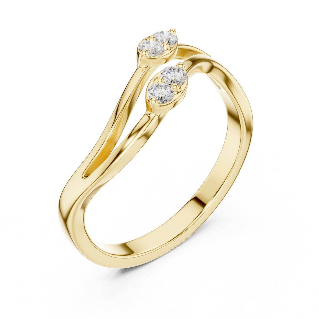 Twisted Bypass Round Cut Diamond Open Ring with Dual Cluster Accents