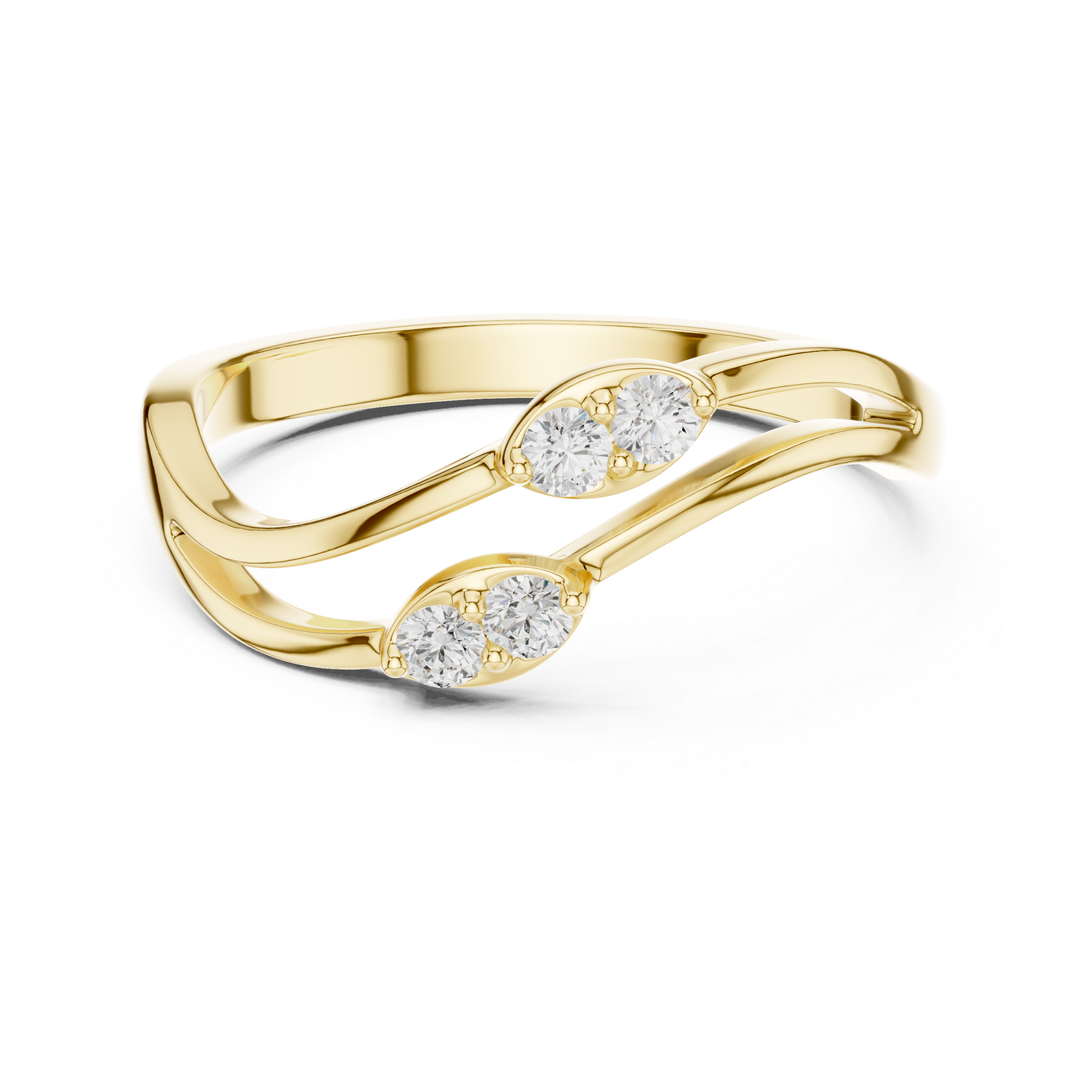 Twisted Bypass Round Cut Diamond Open Ring with Dual Cluster Accents
