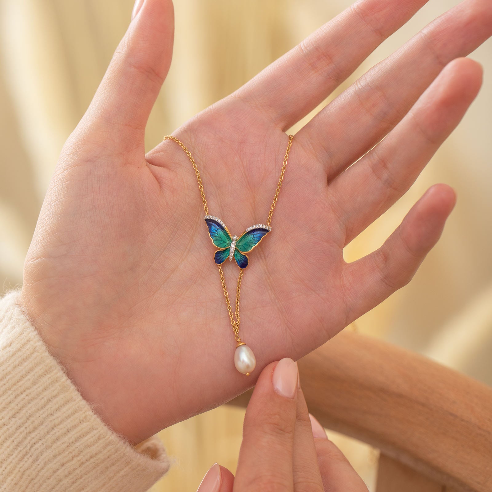 V-Drop Blue Butterfly Pearl Necklace