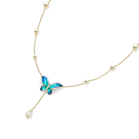 Flared Blue Butterfly Pearl Necklace