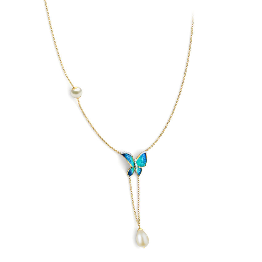V-Drop Blue Butterfly Pearl Necklace