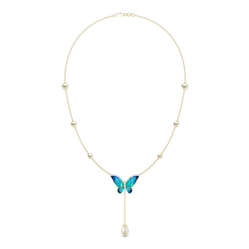 Flared Blue Butterfly Pearl Necklace
