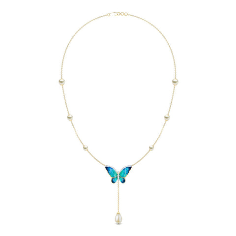 Flared Blue Butterfly Pearl Necklace