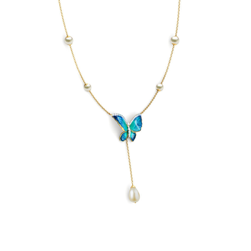 Flared Blue Butterfly Pearl Necklace