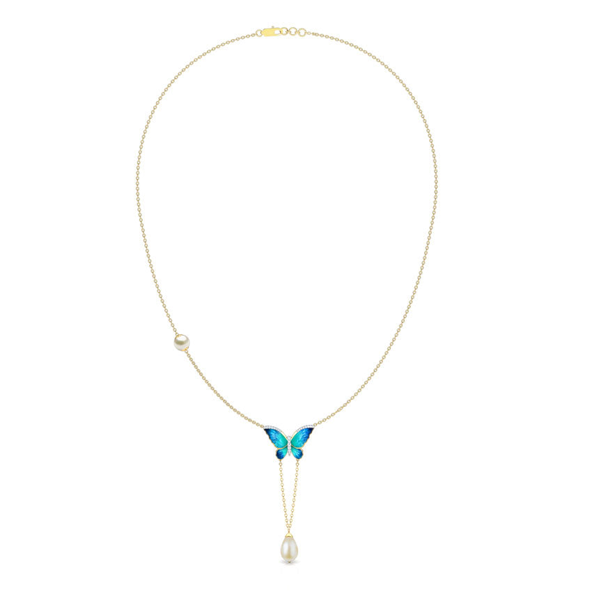 V-Drop Blue Butterfly Pearl Necklace
