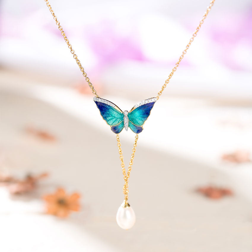 V-Drop Blue Butterfly Pearl Necklace