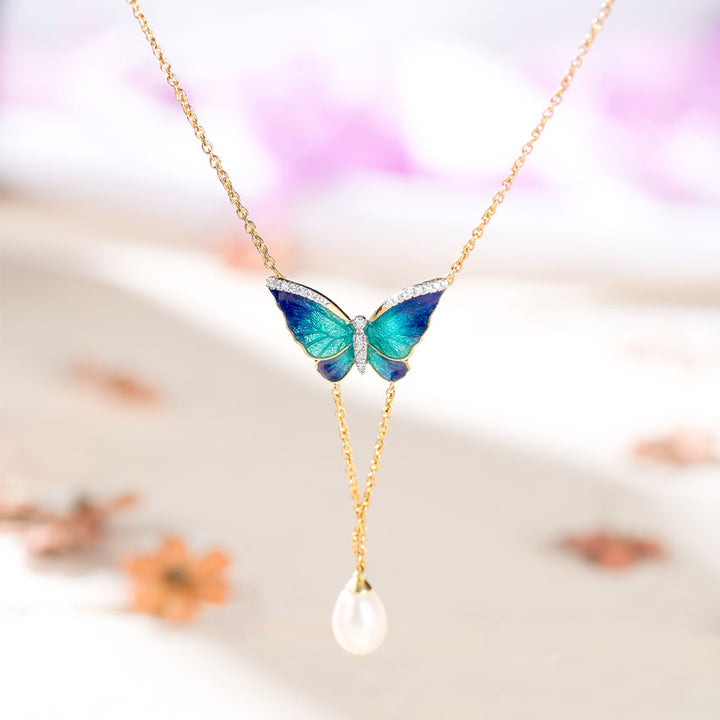 V-Drop Blue Butterfly Pearl Necklace