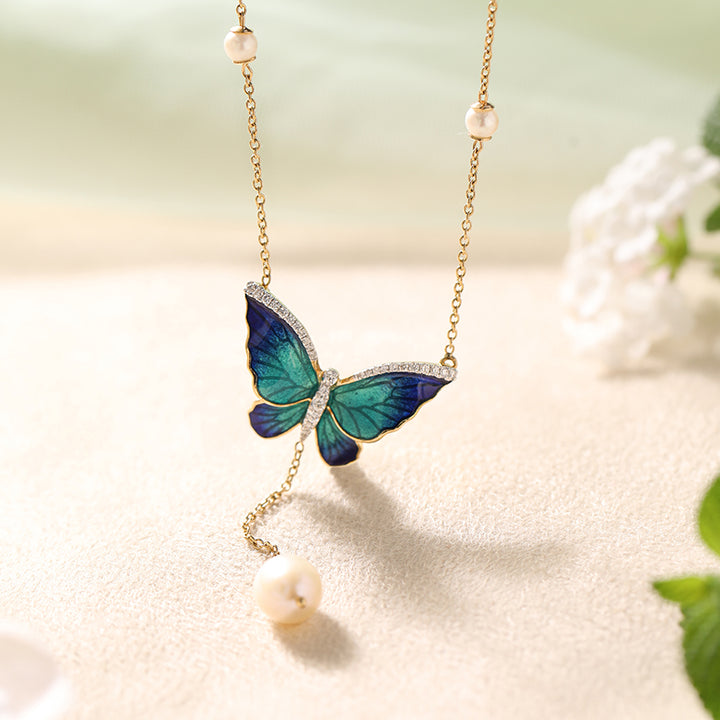 Flared Blue Butterfly Pearl Necklace