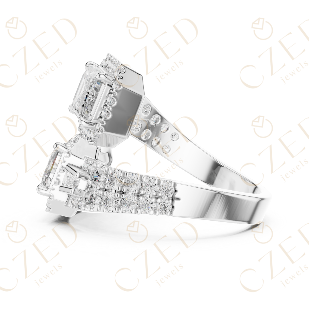 Emerald Cut Diamond Halo Ring with Baguette Side Stones