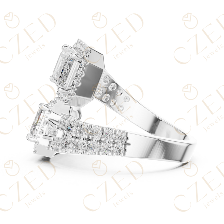 Emerald Cut Diamond Halo Ring with Baguette Side Stones