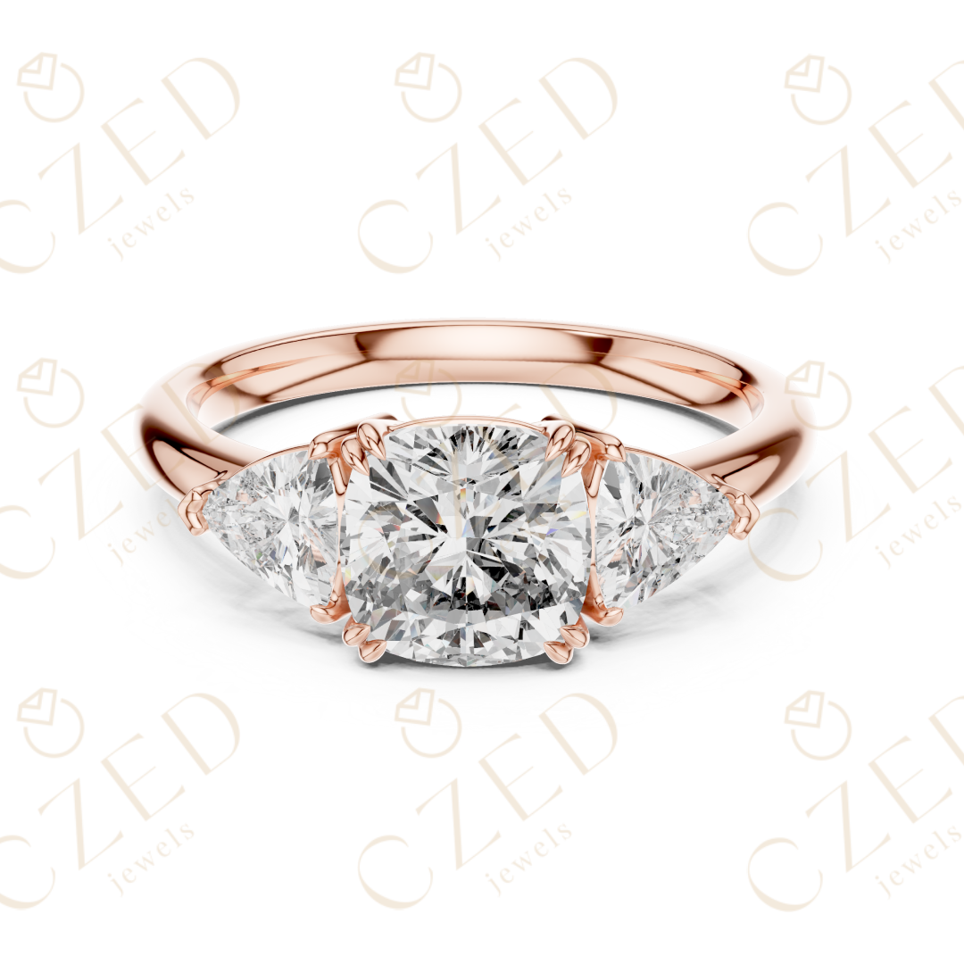 Cushion Cut Diamond Three Stone Ring with Trillion Side Stones