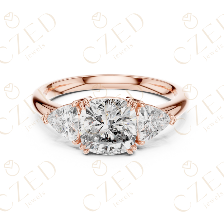 Cushion Cut Diamond Three Stone Ring with Trillion Side Stones