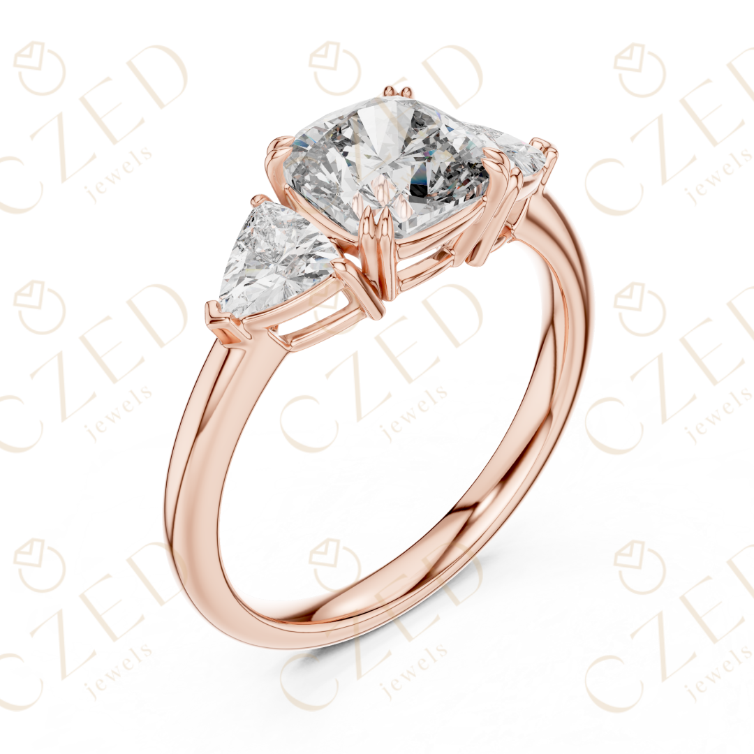 Cushion Cut Diamond Three Stone Ring with Trillion Side Stones