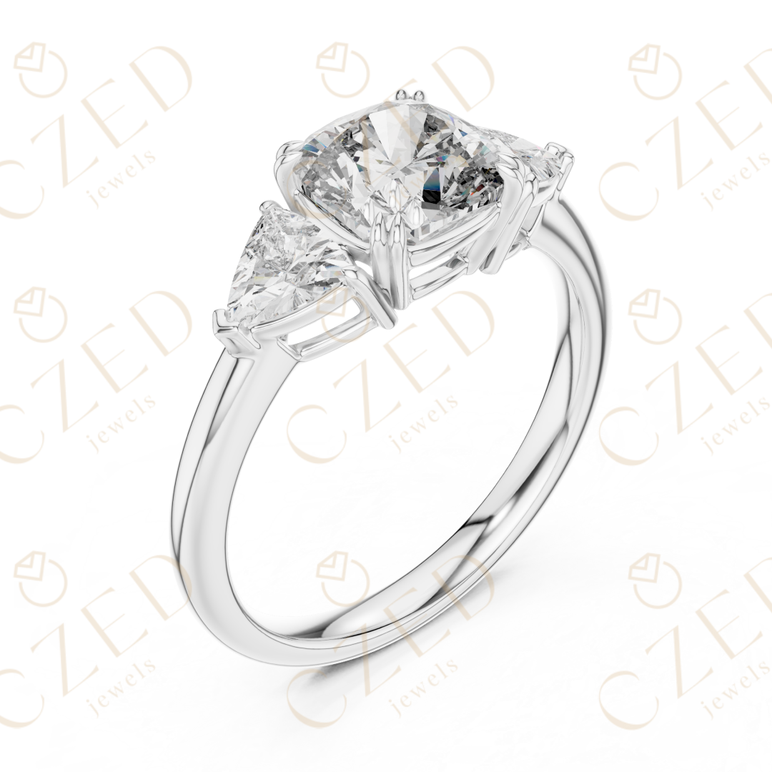 Cushion Cut Diamond Three Stone Ring with Trillion Side Stones