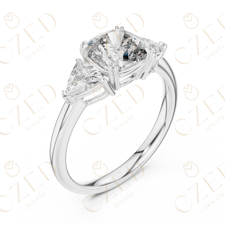 Cushion Cut Diamond Three Stone Ring with Trillion Side Stones