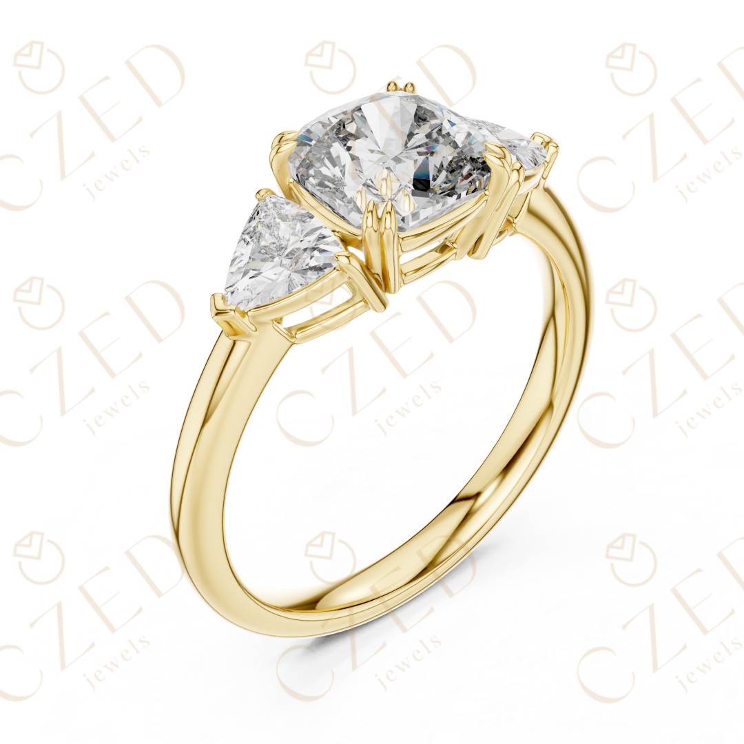 Cushion Cut Diamond Three Stone Ring with Trillion Side Stones
