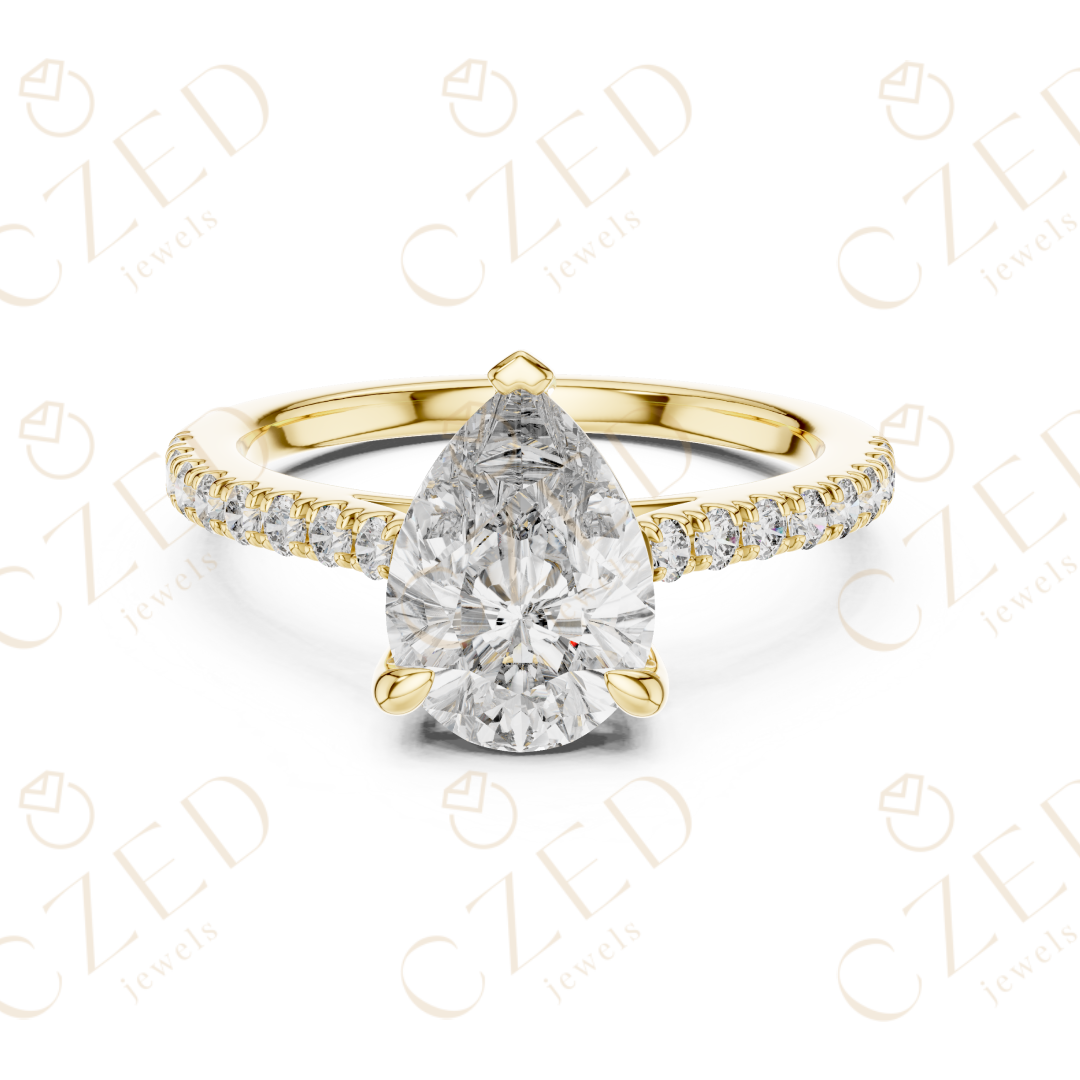 Pear Cut Diamond Solitaire Ring with Elegant Pave Side Stones