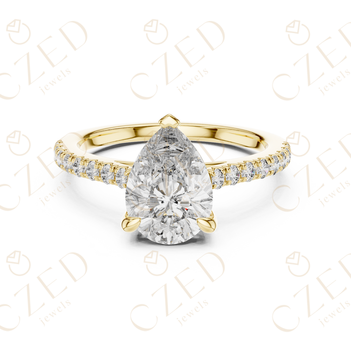 Pear Cut Diamond Solitaire Ring with Elegant Pave Side Stones